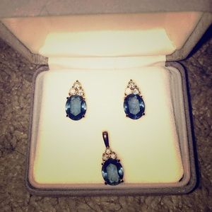 Blue Sapphire CZ Gold earrings and pendant